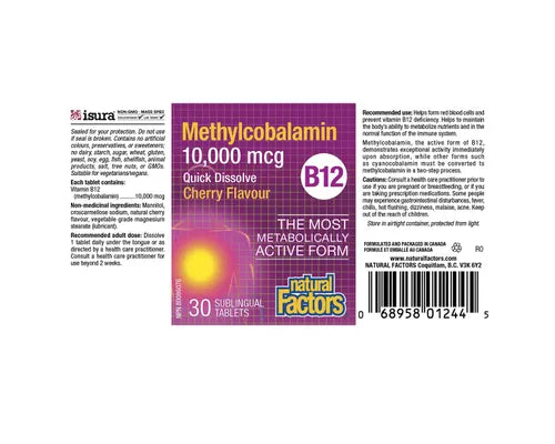 Natural Factors B12 Methylcobalamin 10,000 mcg Cherry 30 Tablets