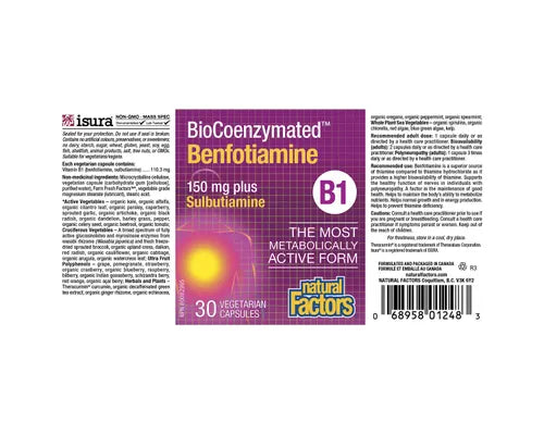Natural Factors B1 Bio Coenzymated Benfotiamine 30 Veggie Caps