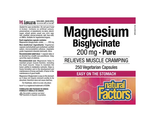 Natural Factors Magnesium Bisglycinate Pure 200mg 250 Veggie Caps