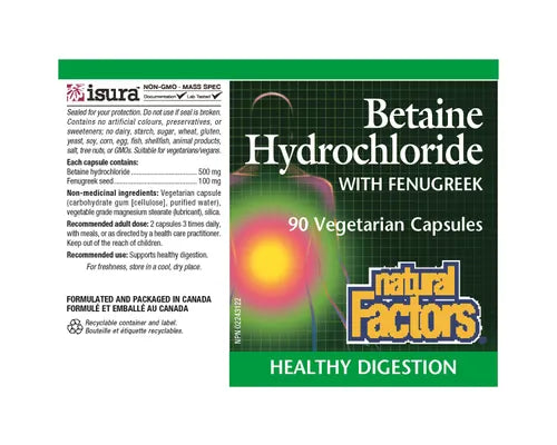 Natural Factors Betaine Hydrochloride With Fenugreek 90 Veggie Caps