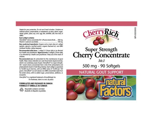 Natural Factors Cherry Rich Cherry Concentrate Super Strength 500mg 90 Softgels