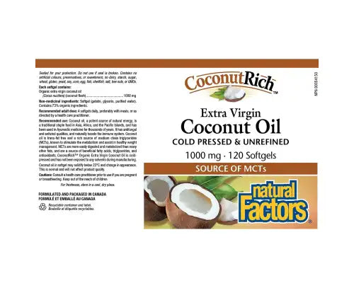 Natural Factors Coconut Rich Extra Virgin Coconut Oil 1000mg 120 Softgels
