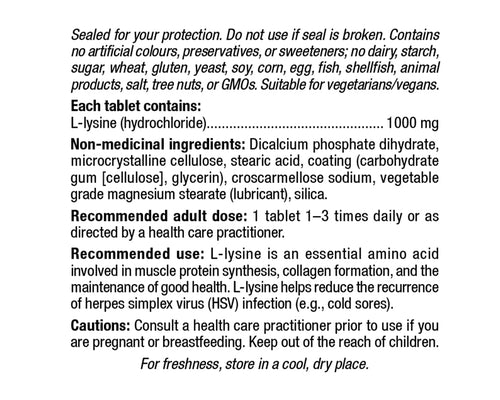 Natural Factors L-Lysine 1000mg 60 Tablets