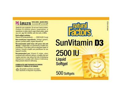 Natural Factors Sun Vitamin D3 2500 IU 500 Softgels