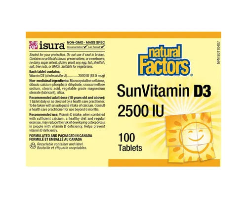 Natural Factors Sun Vitamin D3 2500 IU 100 Tablets