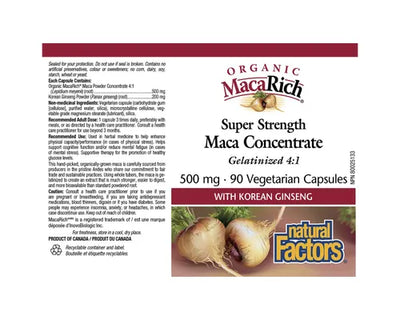 Natural Factors Organic Maca Rich Maca Concentrate Super Strength 500mg 90 Veggie Caps