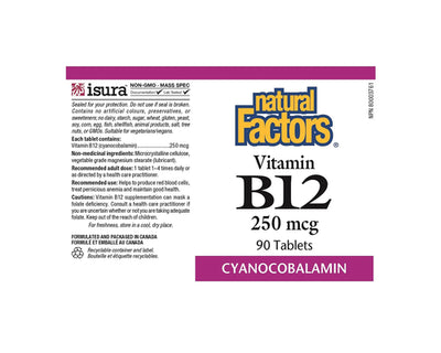 Natural Factors Vitamin B12 Cyanocobalamin 250mcg 90 Tablets
