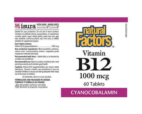 Natural Factors Vitamin B12 Cyanocobalamin 1000mcg 60 Tablets