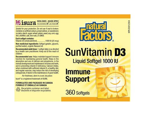 Natural Factors Sun Vitamin D3 1000 IU 360 Softgels