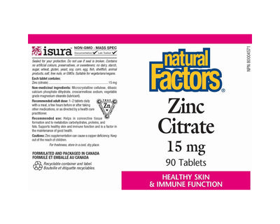 Natural Factors Zinc Citrate 15mg 90 Tablets