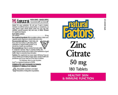 Natural Factors Zinc Citrate 50mg 180 Tablets