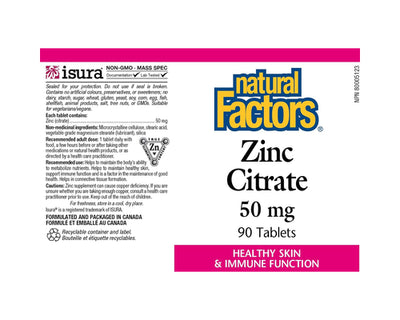 Natural Factors Zinc Citrate 50mg 90 Tablets