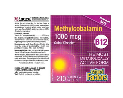 Natural Factors Vitamin B12 Methylcobalamin 1000mcg 180+30 Tablets