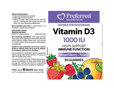 Preferred Nutrition Vitamin D3 1000IU Mixed Berry Peach 90 Gummies