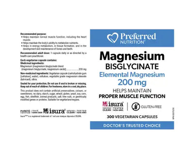Preferred Nutrition Magnesium Bisglycinate 200mg 300 Veggie Caps