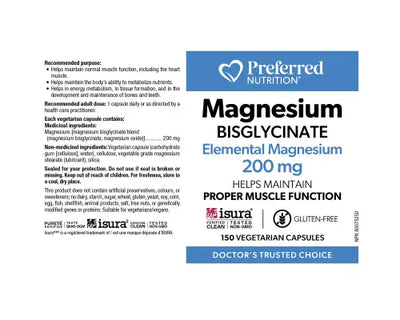 Preferred Nutrition Magnesium Bisglycinate 200mg 150 Veggie Caps